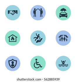Set Of 9 Simple Guarantee Icons. Can Be Found Such Elements As Home Protect  From Fire, Job Accord, Slide Down And Other.