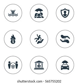 Set Of 9 Simple Guarantee Icons. Can Be Found Such Elements As Slide Down, Protect Yourself, Protect Currency And Other.