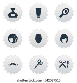 Set Of 9 Simple Hairdresser Icons. Can Be Found Such Elements As Human, Bottle, Glamour Lady And Other.
