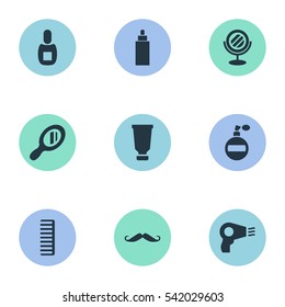 Set Of 9 Simple Hairdresser Icons. Can Be Found Such Elements As Flask, Aroma, Peeper And Other. Set Of 9 Simple Hairdresser Icons. Can Be Found Such Elements As Flask, Aroma, Peeper And Other.