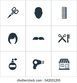 Set Of 9 Simple Hairdresser Icons. Can Be Found Such Elements As Hackle, Beard, Aroma And Other.