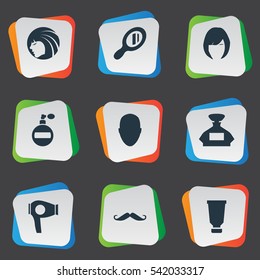 Set Of 9 Simple Hairdresser Icons. Can Be Found Such Elements As Glamour Lady, Aroma, Hair And Other.