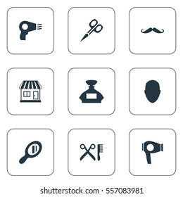 Set Of 9 Simple Hairdresser Icons. Can Be Found Such Elements As Cut Tool, Reflector, Whiskers And Other.