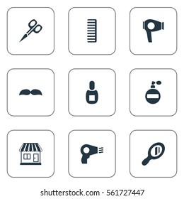 Set Of 9 Simple Hairdresser Icons. Can Be Found Such Elements As Aroma, Hackle, Reflector And Other.