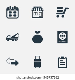 Set Of 9 Simple Handing Icons. Can Be Found Such Elements As Passport, Opposite Directions, Day And Other.