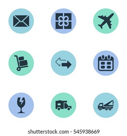 Set Of 9 Simple Handing Icons. Can Be Found Such Elements As Caravan, Packaging, Gift And Other.