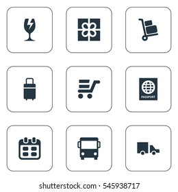 Set Of 9 Simple Handing Icons. Can Be Found Such Elements As Van, Trip Luggage, Luggage Bearer And Other.