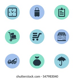 Set Of 9 Simple Handing Icons. Can Be Found Such Elements As Eviction Vehicle, Luggage Bearer, Holdall And Other.