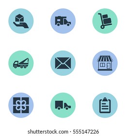 Set Of 9 Simple Handing Icons. Can Be Found Such Elements As Gift, Eviction Vehicle, Caravan And Other.