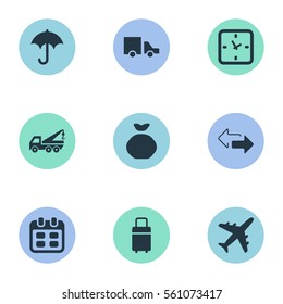 Set Of 9 Simple Handing Icons. Can Be Found Such Elements As Trip Luggage, Holdall, Airline And Other.