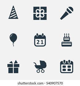 Set Of 9 Simple Holiday Icons. Can Be Found Such Elements As Days, Aerostat, Baby Carriage And Other.