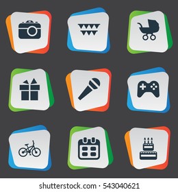 Set Of 9 Simple Holiday Icons. Can Be Found Such Elements As Camera, Bicycle, Confectionery And Other.