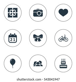 Set Of 9 Simple Holiday Icons. Can Be Found Such Elements As Special Day, Aerostat, Bicycle And Other.