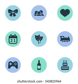 Set Of 9 Simple Holiday Icons. Can Be Found Such Elements As Domestic, Confectionery, Soul And Other.