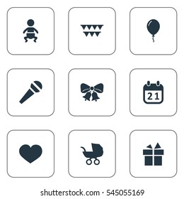 Set Of 9 Simple Holiday Icons. Can Be Found Such Elements As Baby Carriage, Special Day, Resonate And Other.