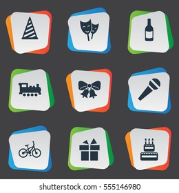 Set Of 9 Simple Holiday Icons. Can Be Found Such Elements As Mask, Train, Speech And Other.