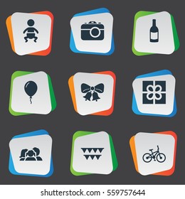Set Of 9 Simple Holiday Icons. Can Be Found Such Elements As Box, Infant, Decorations; And Other.