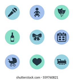 Set Of 9 Simple Holiday Icons. Can Be Found Such Elements As Baby Carriage, Mask, Infant And Other.