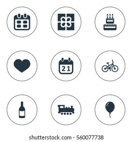 Set Of 9 Simple Holiday Icons. Can Be Found Such Elements As Soul, Bicycle, Beverage And Other.