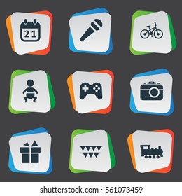 Set Of 9 Simple Holiday Icons. Can Be Found Such Elements As Game, Ribbon, Infant And Other.