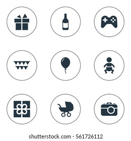 Set Of 9 Simple Holiday Icons. Can Be Found Such Elements As Infant, Beverage, Decorations; And Other.