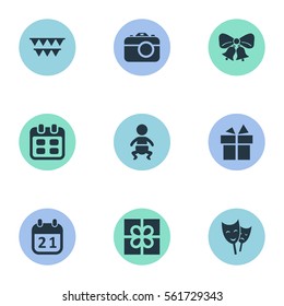 Set Of 9 Simple Holiday Icons. Can Be Found Such Elements As Camera, Box, Resonate And Other.