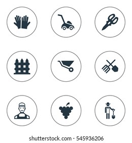 Set Of 9 Simple Horticulture Icons. Can Be Found Such Elements As Worker, Plougher, Shear And Other.