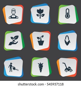 Set Of 9 Simple Horticulture Icons. Can Be Found Such Elements As Root, Farmer, Worker And Other.