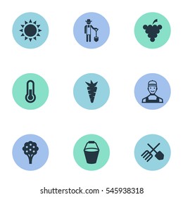 Set Of 9 Simple Horticulture Icons. Can Be Found Such Elements As Apple Timber, Plougher, Fruit And Other.