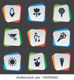 Set Of 9 Simple Horticulture Icons. Can Be Found Such Elements As Maize, Apple Timber, Shear And Other.