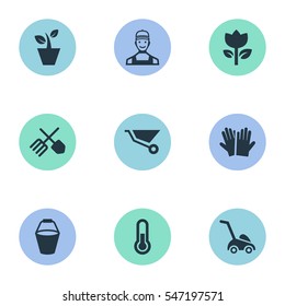 Set Of 9 Simple Horticulture Icons. Can Be Found Such Elements As Temperature, Blossom, Pail And Other.