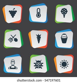 Set Of 9 Simple Horticulture Icons. Can Be Found Such Elements As Sunshine, Worker, Root And Other.