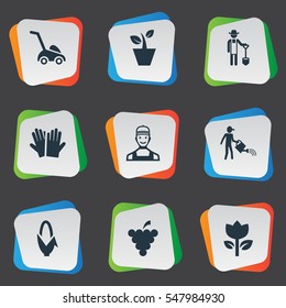 Set Of 9 Simple Horticulture Icons. Can Be Found Such Elements As Fruit, Horticultural Gauntlet, Farmer And Other.