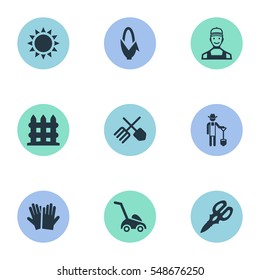 Set Of 9 Simple Horticulture Icons. Can Be Found Such Elements As Horticulture Equipment, Plougher, Parapet And Other.