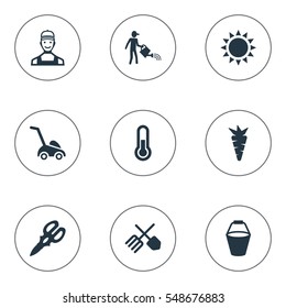 Set Of 9 Simple Horticulture Icons. Can Be Found Such Elements As Grass Cutting Machine, Horticulture Equipment, Farmer And Other.