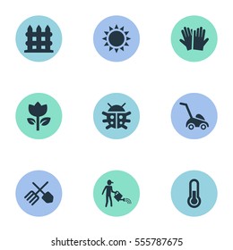 Set Of 9 Simple Horticulture Icons. Can Be Found Such Elements As Temperature, Horticultural Gauntlet, Grass Cutting Machine And Other.