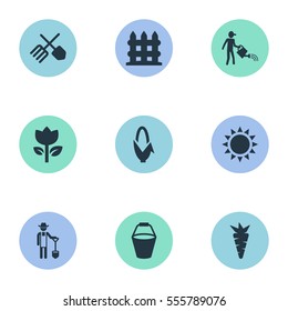 Set Of 9 Simple Horticulture Icons. Can Be Found Such Elements As Blossom, Farmer, Plougher And Other.
