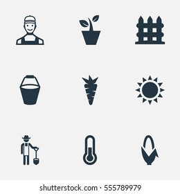 Set Of 9 Simple Horticulture Icons. Can Be Found Such Elements As Flowerpot, Temperature, Parapet And Other.