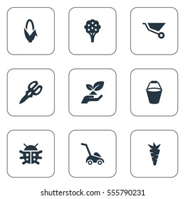 Set Of 9 Simple Horticulture Icons. Can Be Found Such Elements As Grass Cutting Machine, Apple Timber, Wheelbarrow And Other.