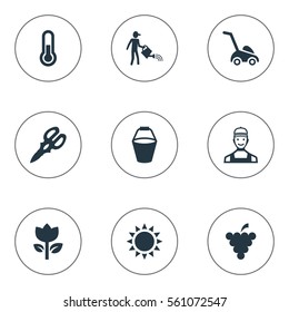 Set Of 9 Simple Horticulture Icons. Can Be Found Such Elements As Grass Cutting Machine, Blossom, Pail And Other.