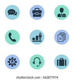 Set Of 9 Simple Hr Icons. Can Be Found Such Elements As Earmuff, Attache Case, Laborer And Other.