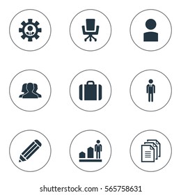 Set Of 9 Simple Hr Icons. Can Be Found Such Elements As Record, Luggage, Eraser And Other.