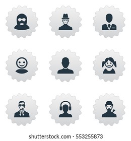Set Of 9 Simple Human Icons. Can Be Found Such Elements As Workman, Little Girl, Bodyguard And Other.