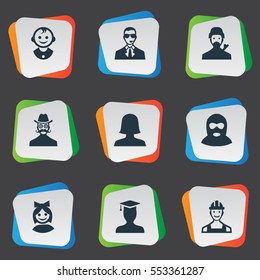 Set Of 9 Simple Human Icons. Can Be Found Such Elements As Proletarian, Felon, Moustache Man And Other.