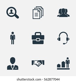 Set Of 9 Simple Human Icons. Can Be Found Such Elements As Attache Case, Record, Partnership And Other.