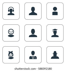 Set Of 9 Simple Human Icons. Can Be Found Such Elements As Male User, Male With Headphone, Internet Profile And Other.