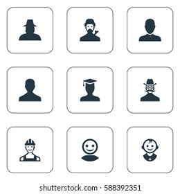 Set Of 9 Simple Human Icons. Can Be Found Such Elements As Postgraduate, Moustache Man, Agent And Other.