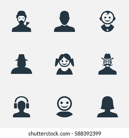Set Of 9 Simple Human Icons. Can Be Found Such Elements As Young Shaver, Agent, Mysterious Man And Other.