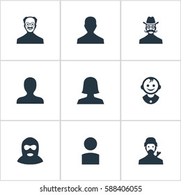 Set Of 9 Simple Human Icons. Can Be Found Such Elements As Portrait, Mysterious Man, Woman User And Other.