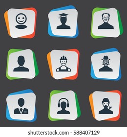 Set Of 9 Simple Human Icons. Can Be Found Such Elements As Mysterious Man, Moustache Man, Whiskers Man And Other.
